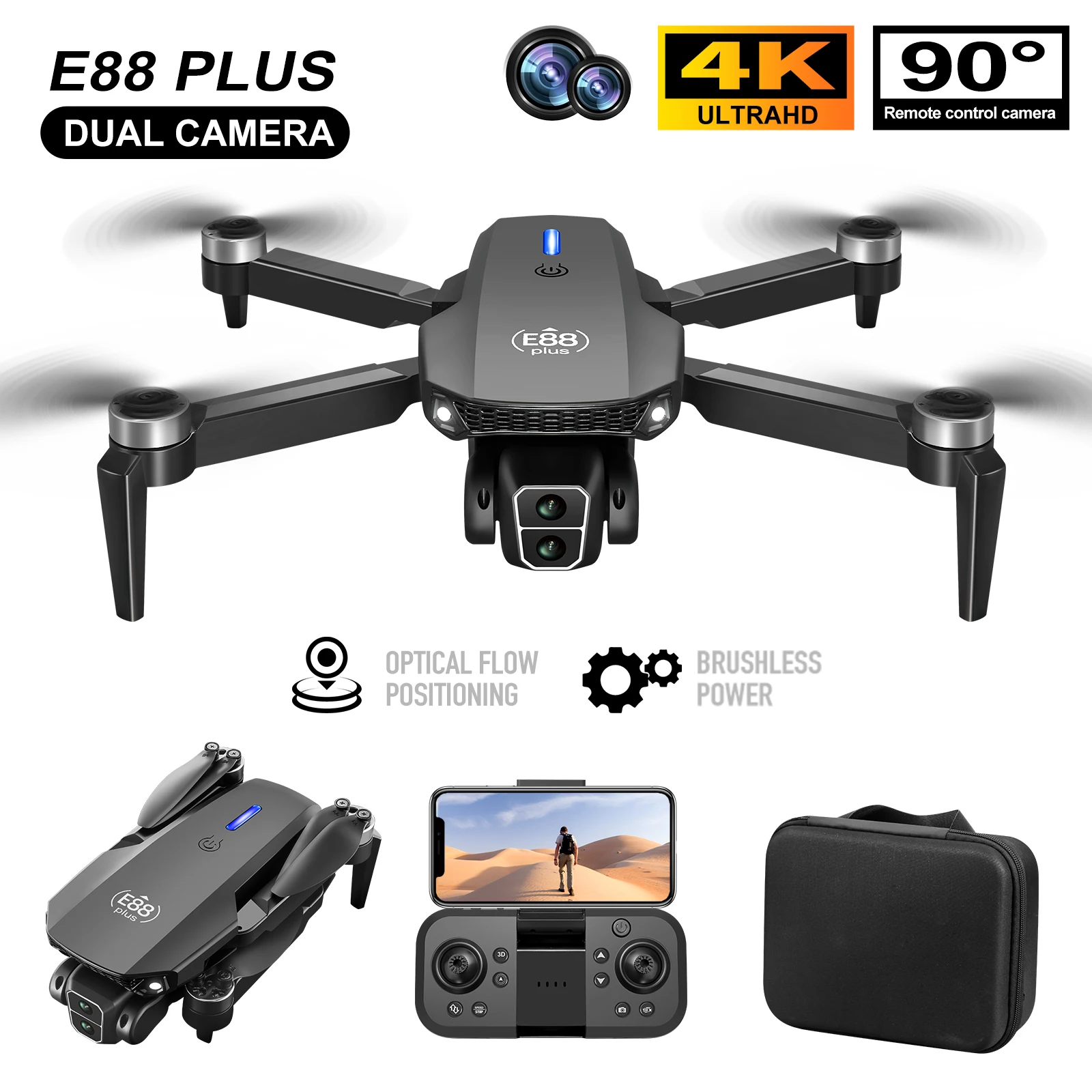โดรนโดรน E88 Plus ใหม่: 90 °   - Drone Camera Hd บทวิจารณ์และราคา